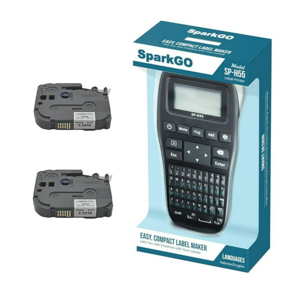 SparkGo SP-H55 Handheld Hebrew and English Label Maker (Black) Bundle with T-A231E Black Ink White Label Tape and T-131E Black Ink Clear Label Tape (3 Items)