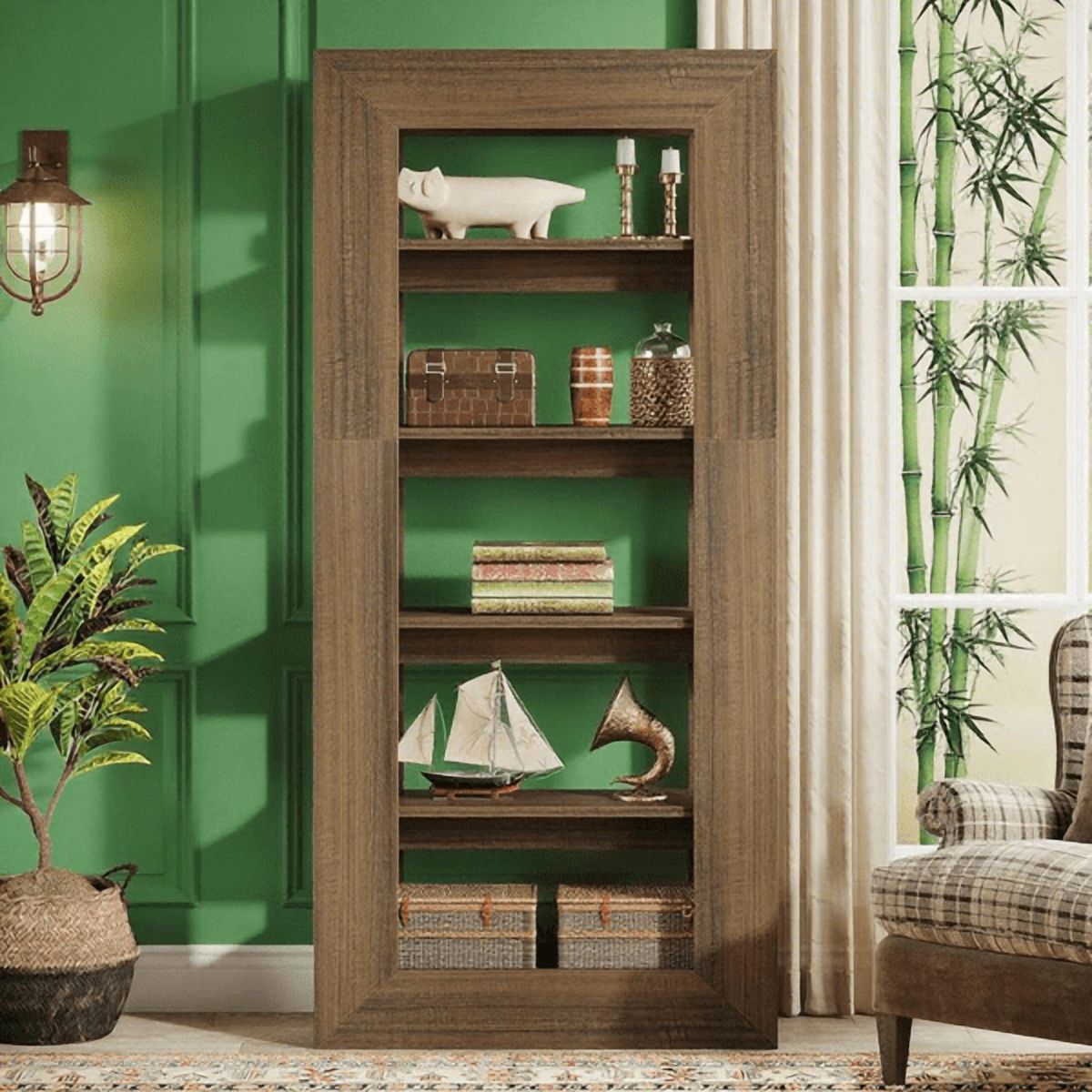 5-Tier All-Wood Bookshelf - Dark Brown Farmhouse Style, Thickened Base, for Living Room/Office/Reading Nook