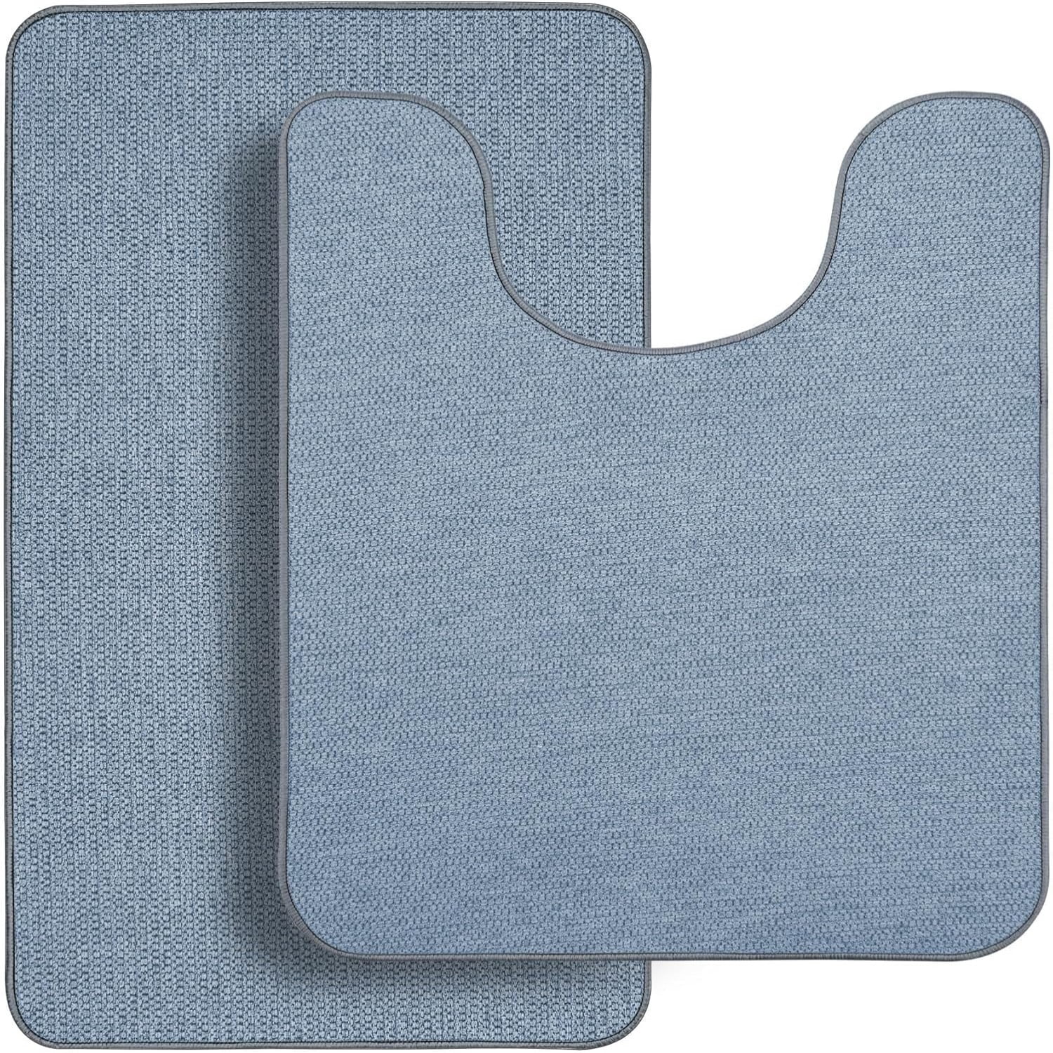 Bathroom Rug Set of 2, Toilet Rug, Quick Dry, Non-Slip, Machine Washable, Fit Under Doors, Absorbent Bathroom Rug（Blue 20" x 32"+20" x 24"，U）