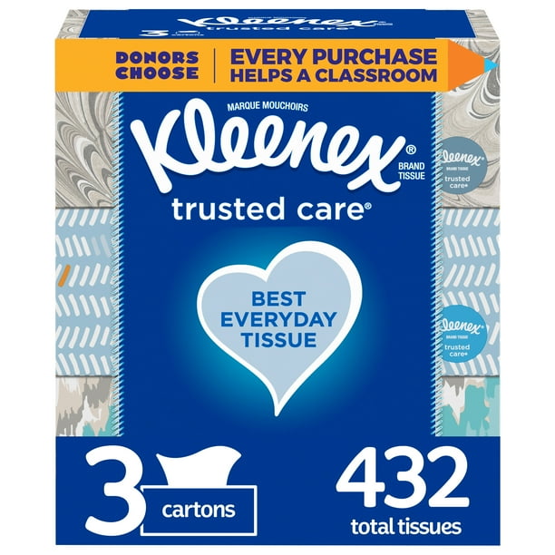 Kleenex Trusted Care Everyday Facial Tissues, 3 Flat Boxes (432 Total