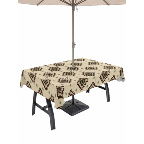 Outdoor Tablecloth with Umbrella Hole for Patio/Picnic/Party/Camping, Beige Green Boho Waterproof Table Cloth Rectangle Table Cover Washable, Farmhouse Tribal Diamond Vintage (60"x 102")