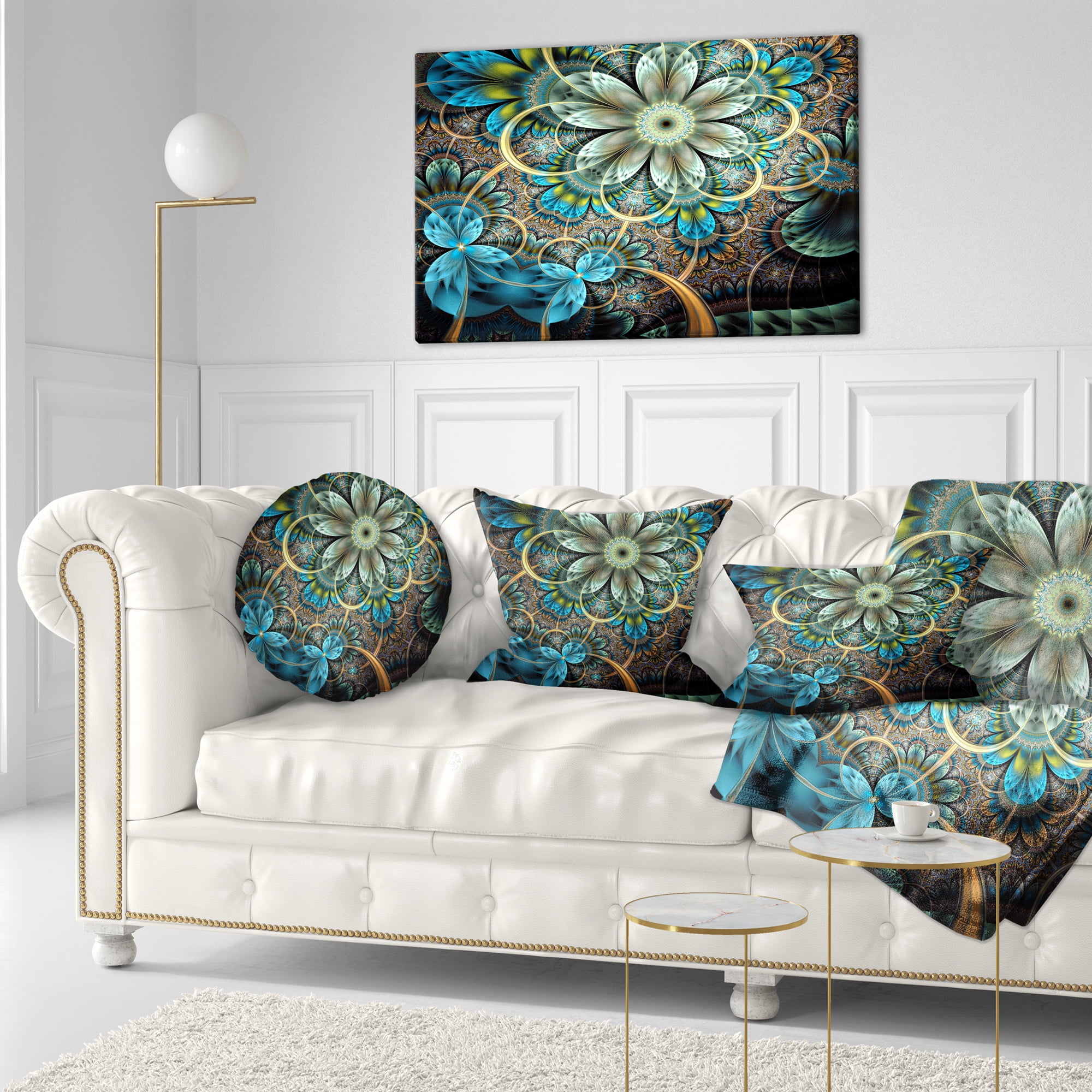 Designart Lighted Blue Fractal Blue Flowers - Floral Throw Pillow - 12x20