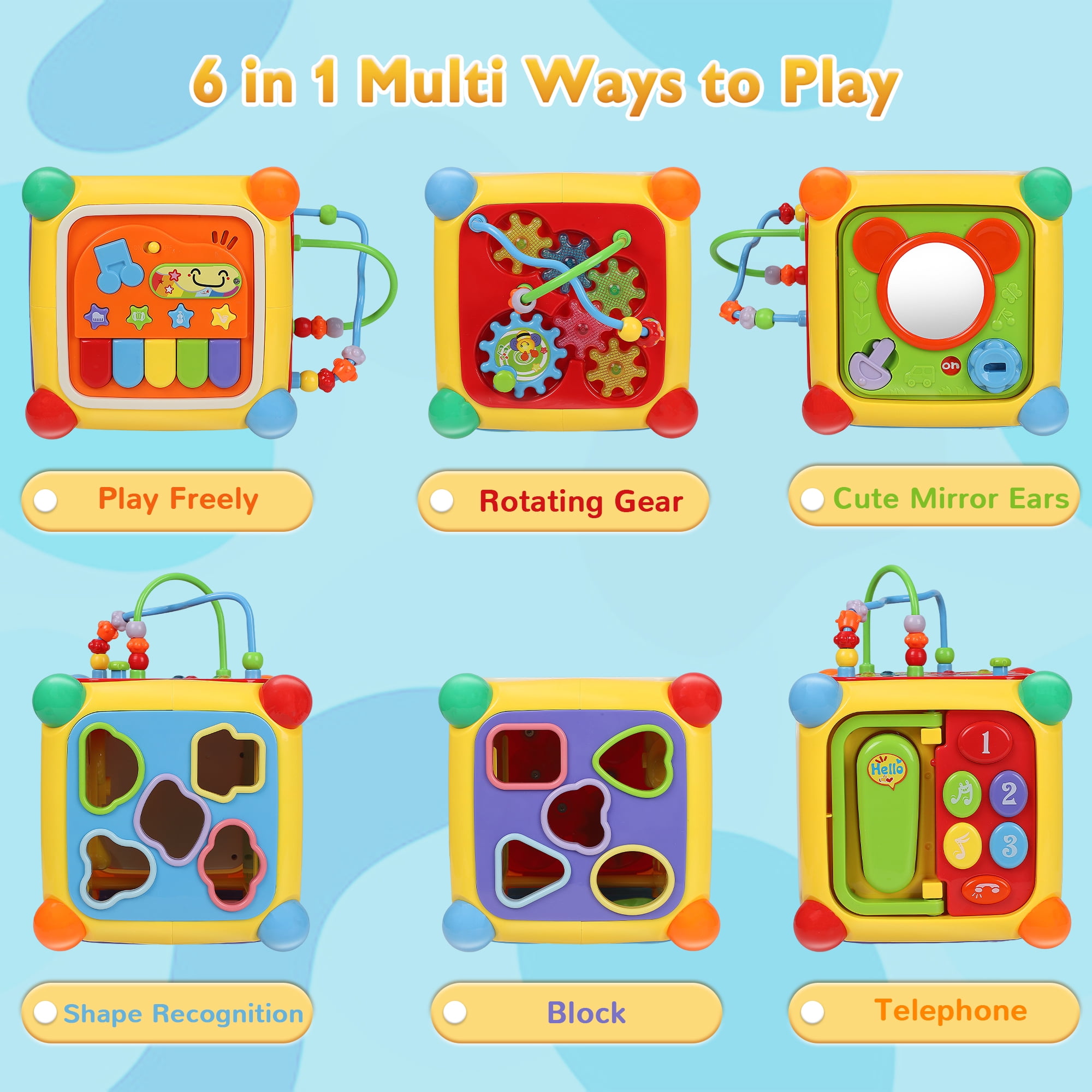 Aikidkit 6-in-1 Baby Activity Cube with Music, Montessori Learning Toys for Toddlers Kids 10-36 Months, for Birthday Christmas Baby Shower Gifts, Colorful