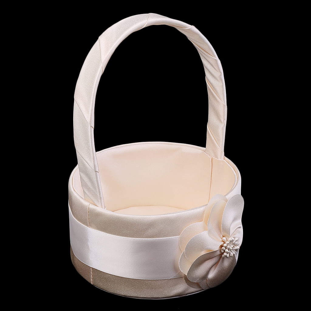 Dualoai 2pcs Flower Champagne Satin Basket Wedding Flower Girl Party Home Decoration