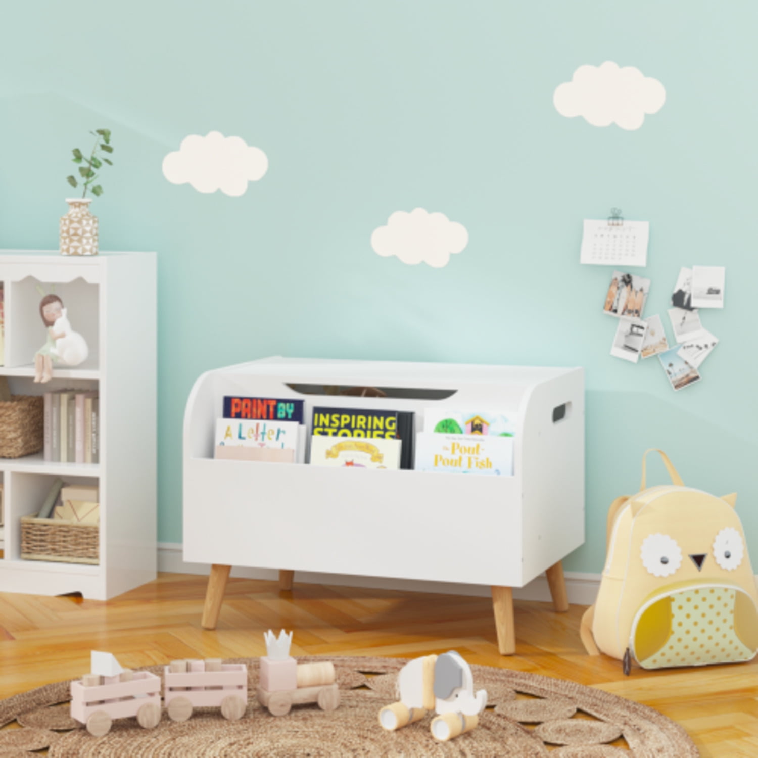 Wooden Toy Box Kids Toy Storage Organizer With Front Bookshelf Flip-top Lid Safety Hinge Boys Girls Toy Chest Bench For Playroom Kids Room Organization White