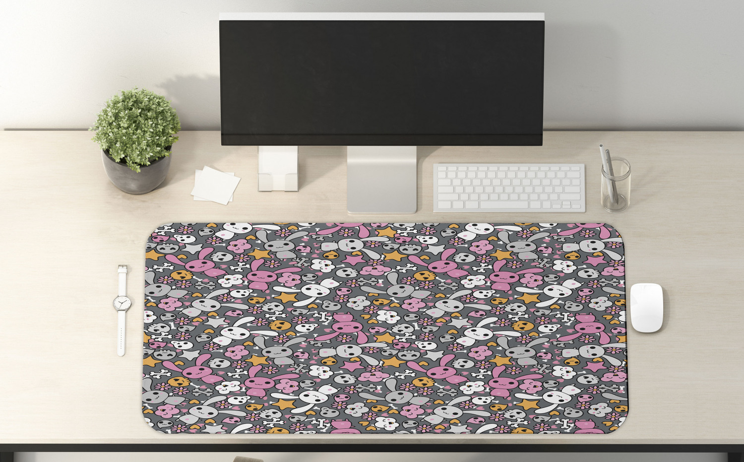 Cartoon Computer Mouse Pad, Kawaii Bunnies and Clouds Heart Eyed Skulls Japanese Anime Design Print, Rectangle Non-Slip Rubber Mousepad X-Large, 35" x 15" Gaming Size, Multicolor, by Ambesonne - image 2 of 2