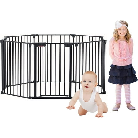 200" Wide Pet Gate Metal Safety Playpen - Fireplace Fence for Pet/Dog/House Stairs, 8-Panel, Black