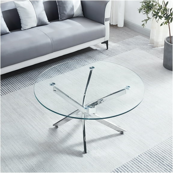 JERFIT Modern Round Glass Coffee Table, 35.4 Inch Chrome Center Base Tempered Glass Top Cocktail Table for Living Room