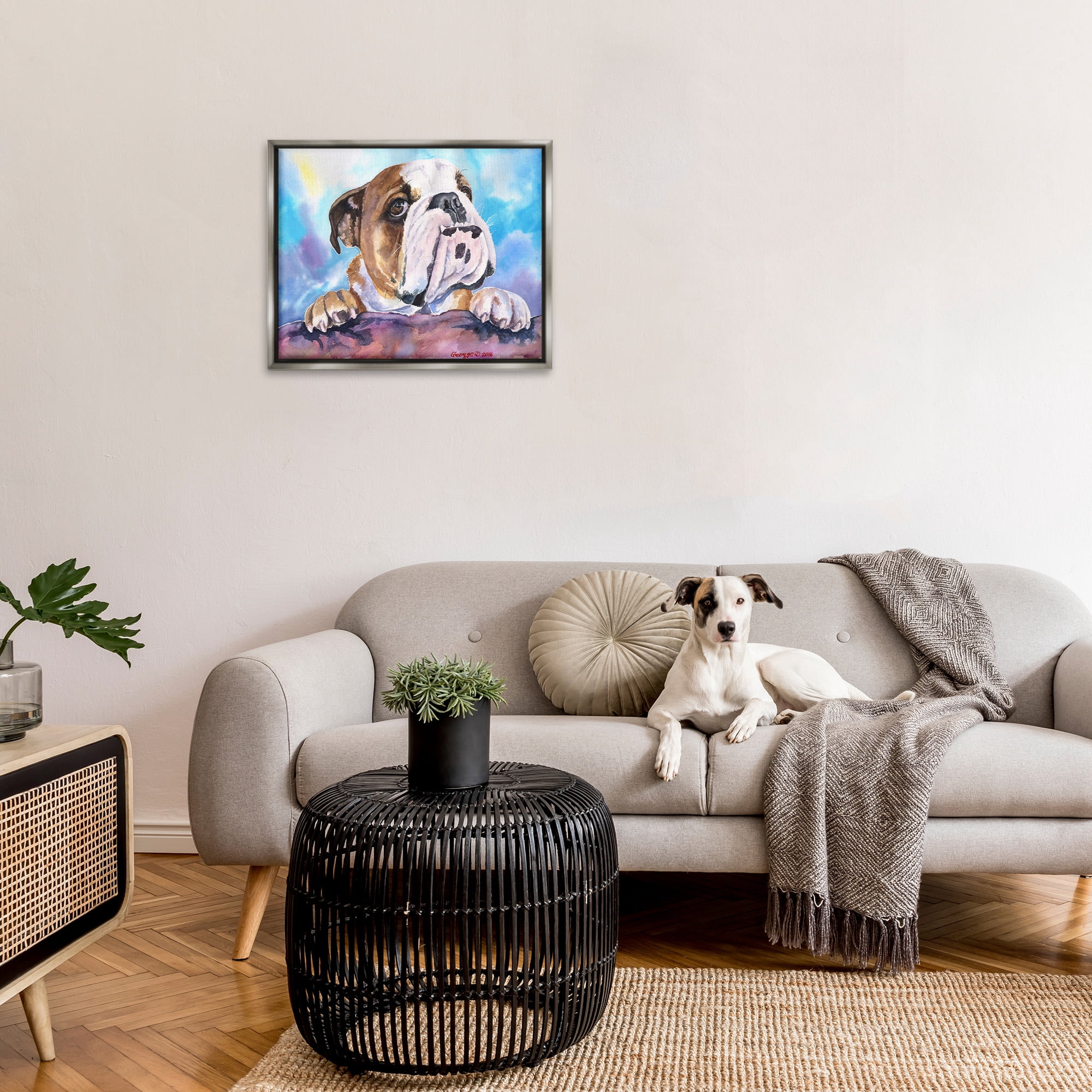 Stupell Industries English Bulldog Dog Pet Watercolor Animals & Insects Painting Gray Floater Framed Canvas Art Print Wall Art, 31 x 25