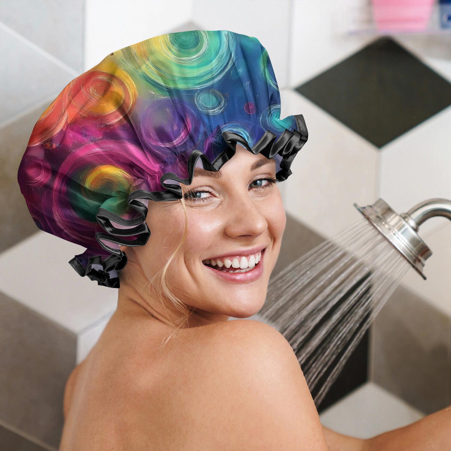 Shower Caps,Colorful Tie Dye Circular Spiral Pattern Waterproof Shower Cap for Women 4 Pieces,Double Reusable Hair Cover for Shower PEVA Elastic Stretch Hem