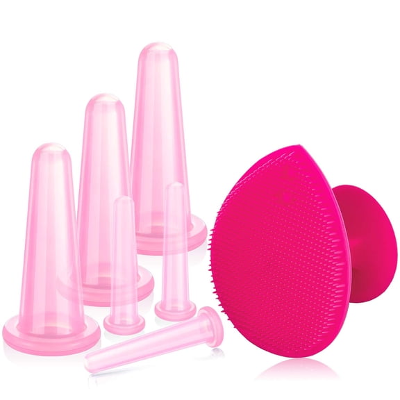 JamY Home Silicone Facial Cupping Set, Vacuum Massage Cup Kit for Body, Face, Neck, Back, and Eye, 6 Cups and Exfoliating Brush Pink Small Medium