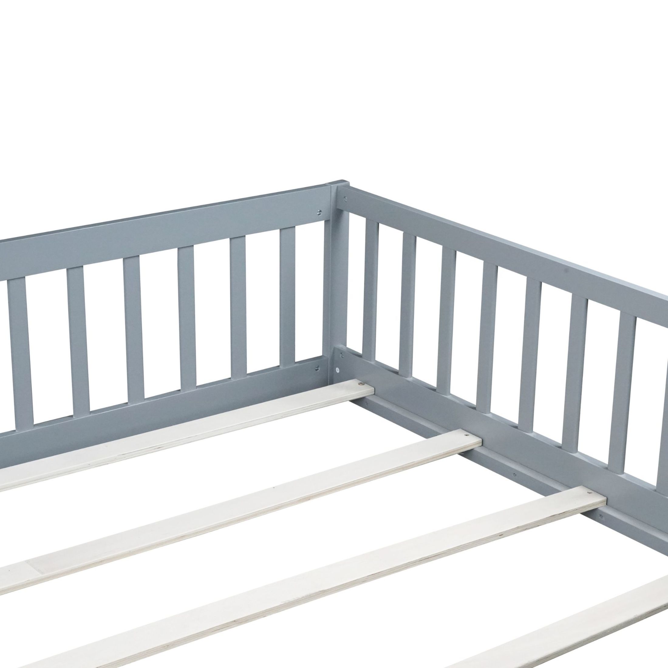 Noble House Queen Size Floor Bed, Solid Rubber Wood Frame with Fence, Door, Guardrails & Slat Support, Grey
