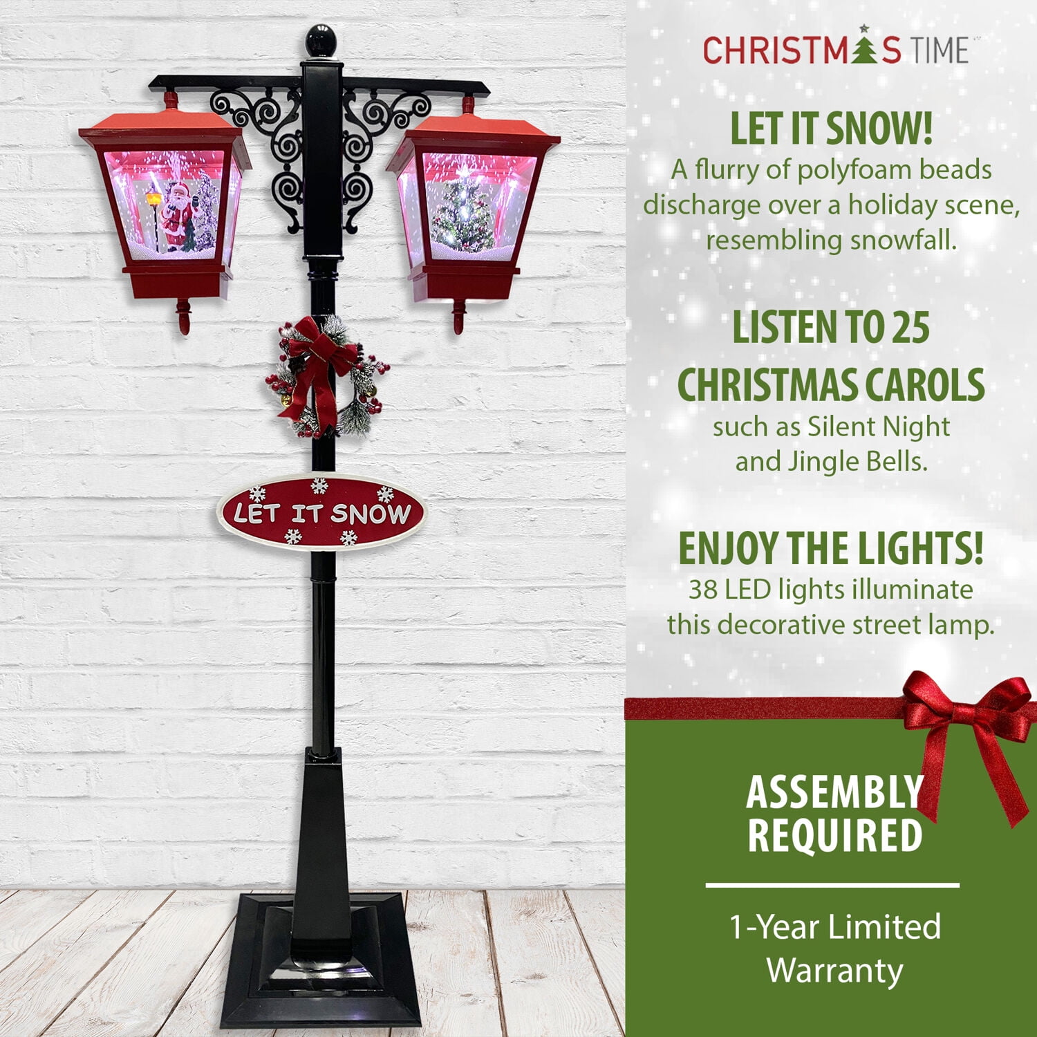 Christmas Time 74-In. Dual-Lantern Musical Snowy Street Lamp with Santa and  Christmas Tree | Cascading Snow | Christmas Carols | Festive Holiday Home  