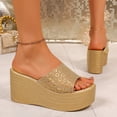 thumbnail image 5 of Rokment Sparkly Metallic Platform Wedge Slip on Sandals for Women Dressy Bridal Bling Trendying Casual Leather Height Increasing Chunky Heeled Dress Slides Comfy Walking Slippers Gold Size 7, 5 of 8