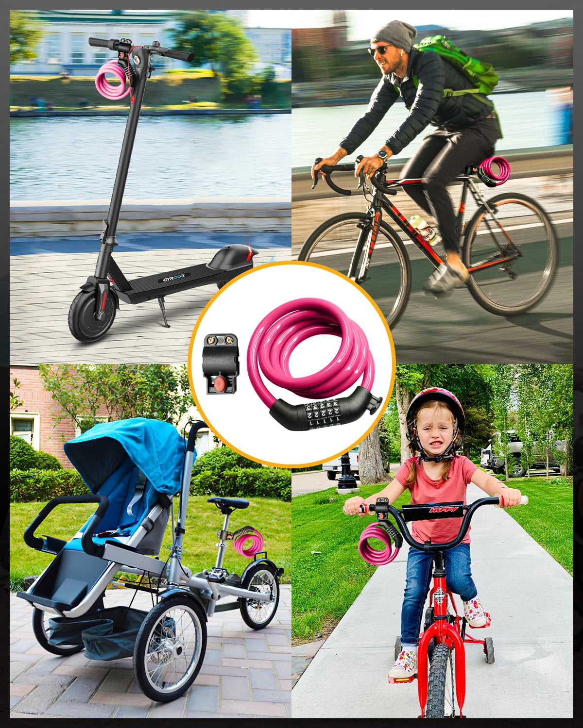 MIHOVER 2Pcs Bike LockCable with Combination,High Security 5-Digit Resettable Combination Bicycle Lock Anti-Theft, Scooter Lock with Mounting Bracket for Bikes and Scooters-Pink