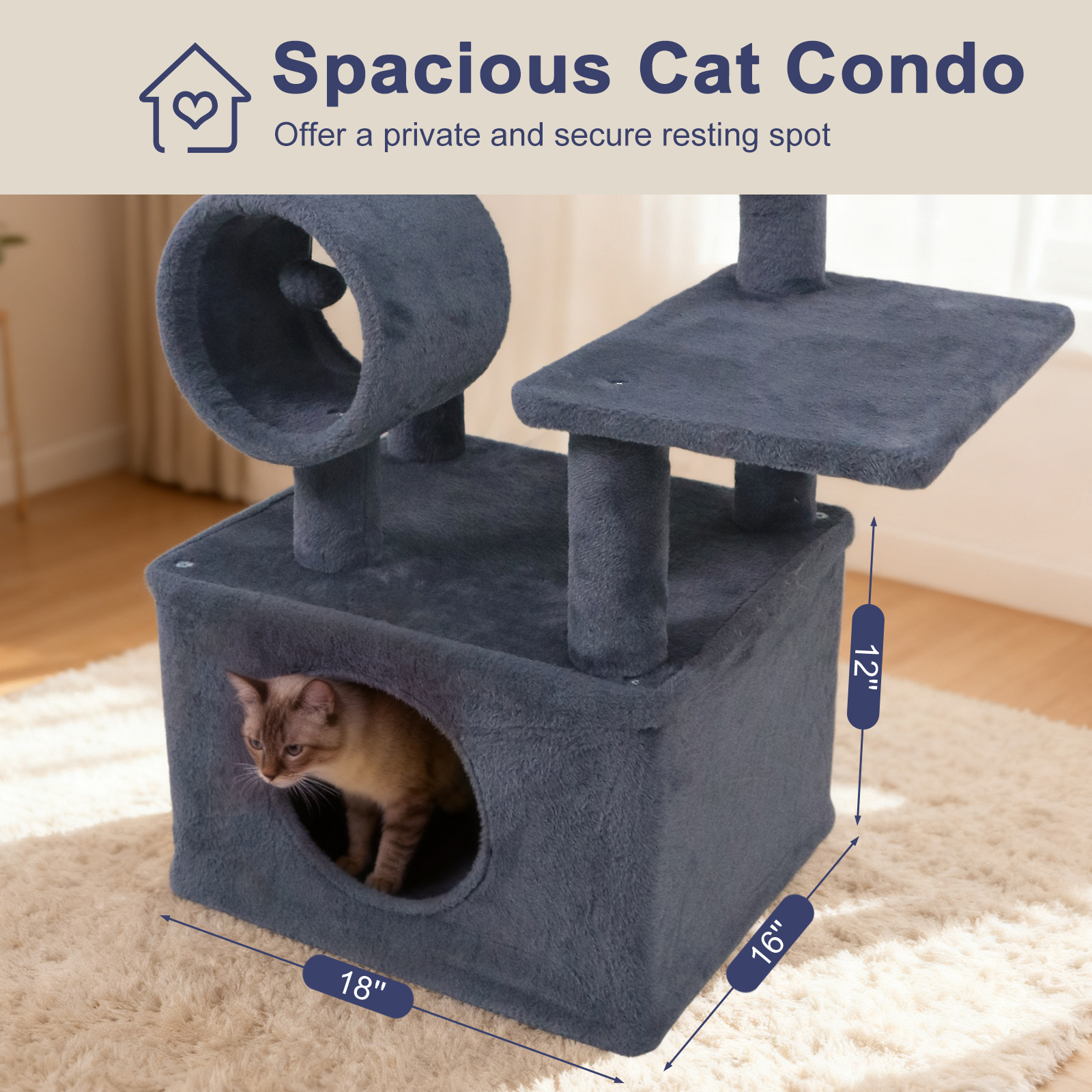 Gymax 48'' Tall Cat Tree w/ Large Condo Padded Top Perch Jute Scratching Post Tunnel Dark Grey