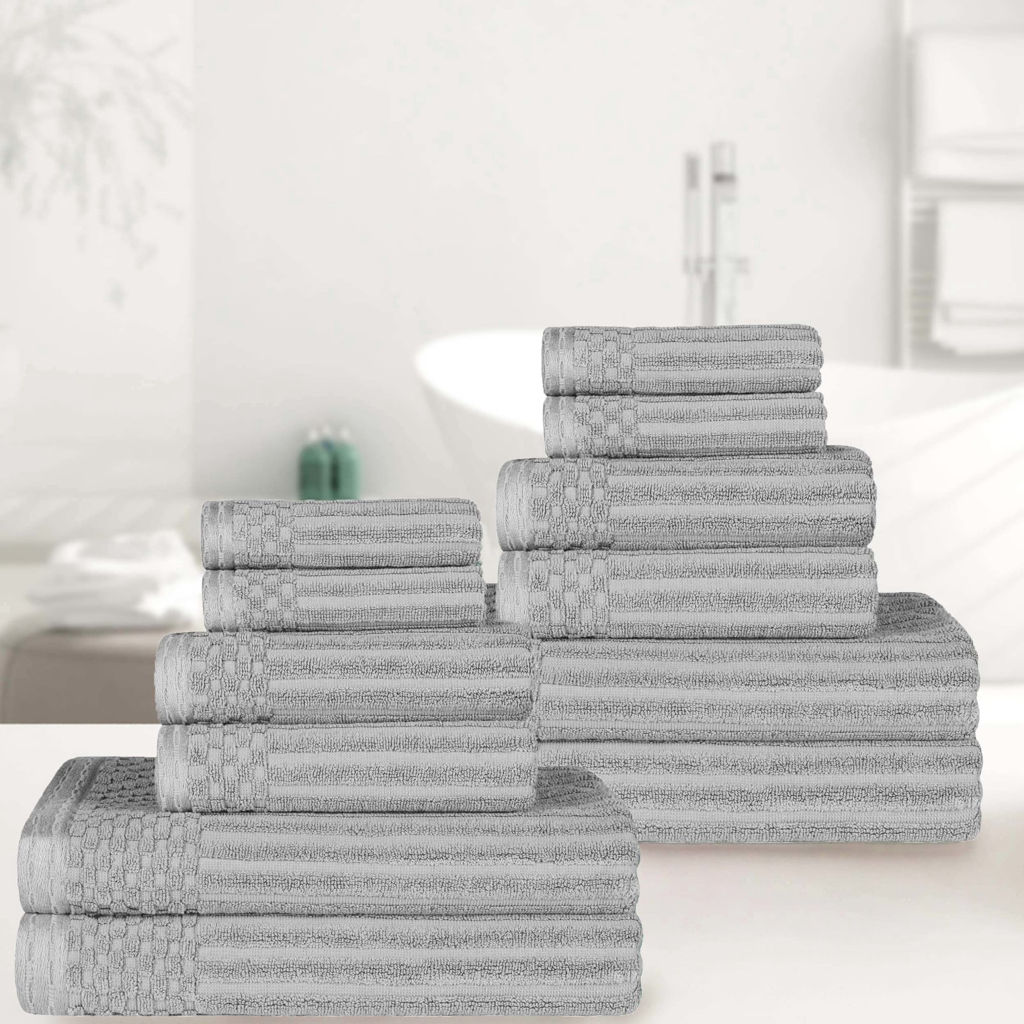 Cotton Highly Absorbent 12-Piece Solid and Checkered Border Towel Set, Silver, by Superior