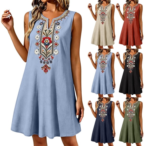 Yutgune Cotton Linen Plus Size Dress for Women Sleeveless Embroidered V Neck Boho Mini Sundress
