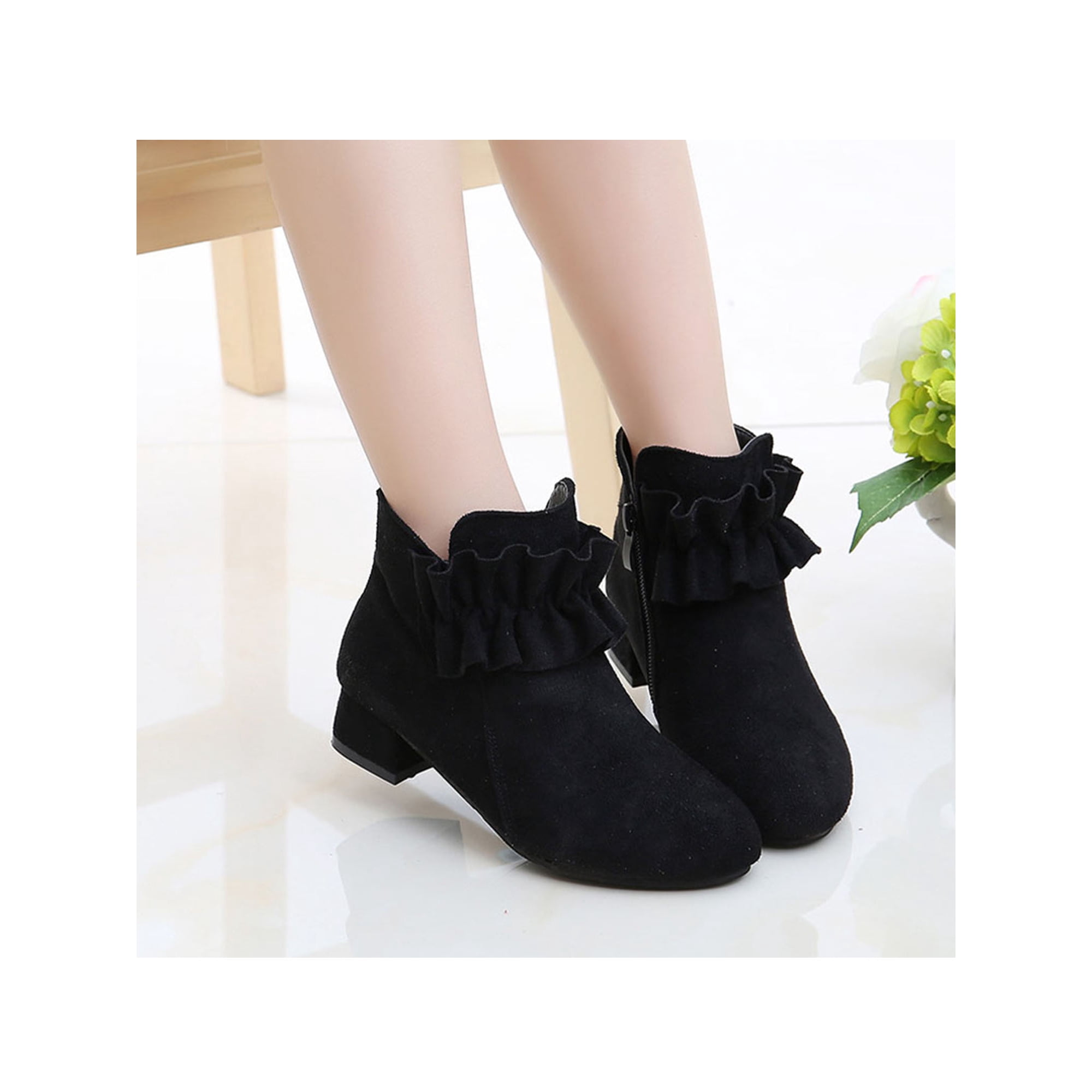 Woobling Girl Ankle Boots Plush Lined Short Booties Comfort Princess Boot Cute Warm Bootie Performance Winter Shoes Black With Lined 4Y