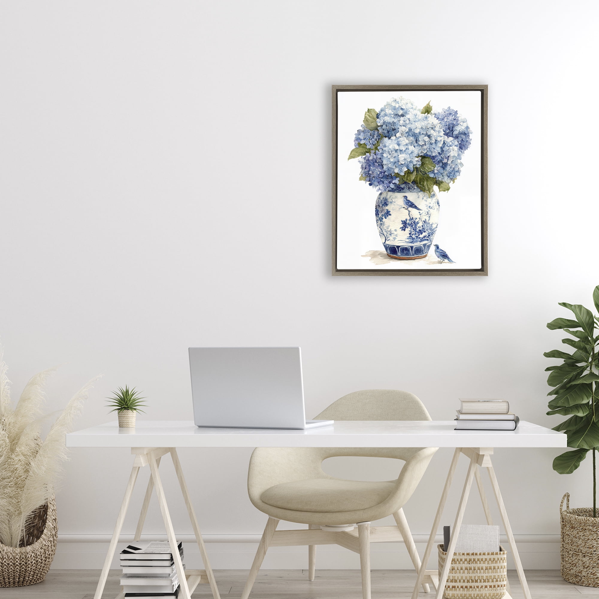 Stupell Industries Blue Bird & Hydrangea Vase Brown Framed Floater Canvas Wall Art, design by Imagine It Images