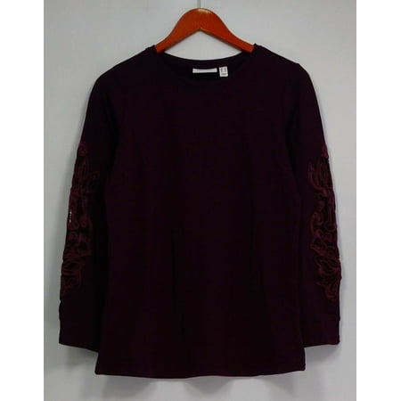 Denim & Co. Top XS French Terry Pullover w/ Velvet & Lace Trim Wine Red