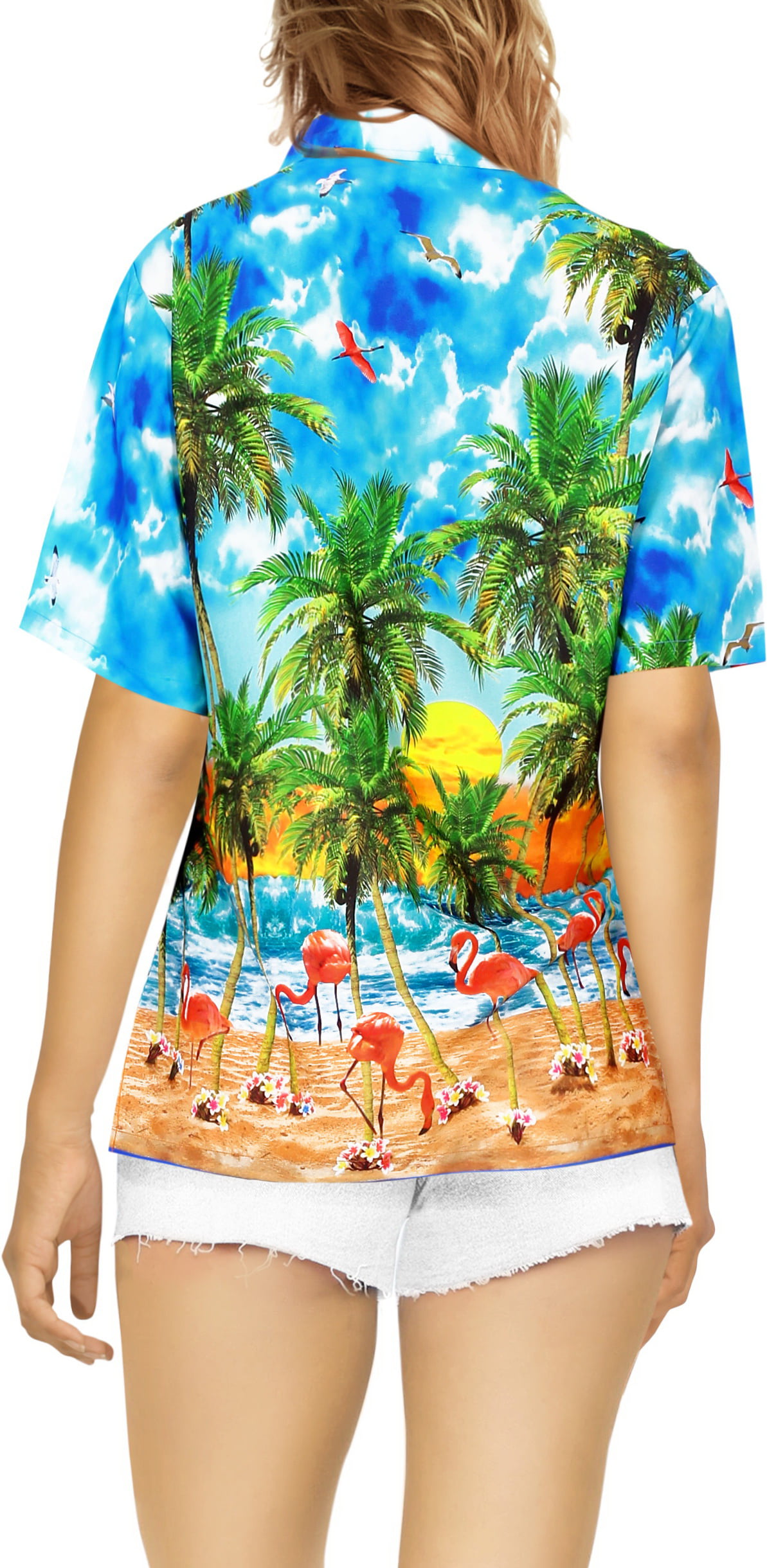 LA LEELA Women Casual Palm Tree Beach Tropical Hawaiian Shirt L Sea  Green_AA417