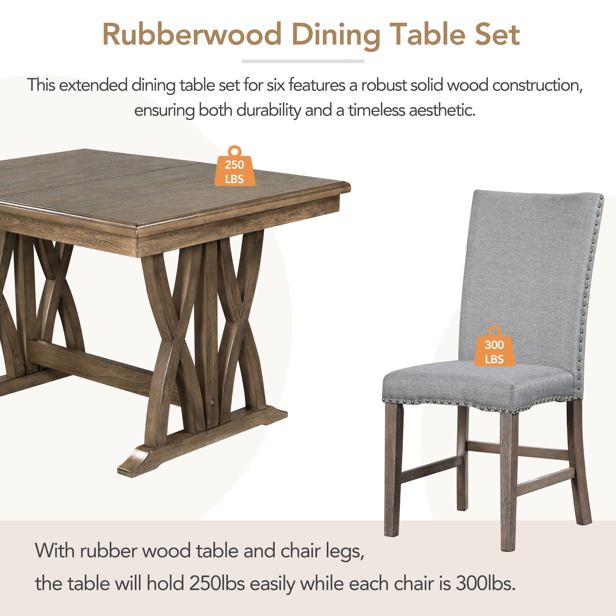 Euroco 7-Piece Extendable Dining Table Set for 6, Mid-Century 60" Rectangular Wooden Kitchen Table Set with 6 Upholstered Chairs for Kitchen or Home,Space-Saving Dining Room Furniture