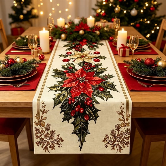 Christmas Table Runner Decorations,Christmas Linen Table Banners Festive Holiday Table Cover for Dining Table Home Party Tablecloth Decoration(A)
