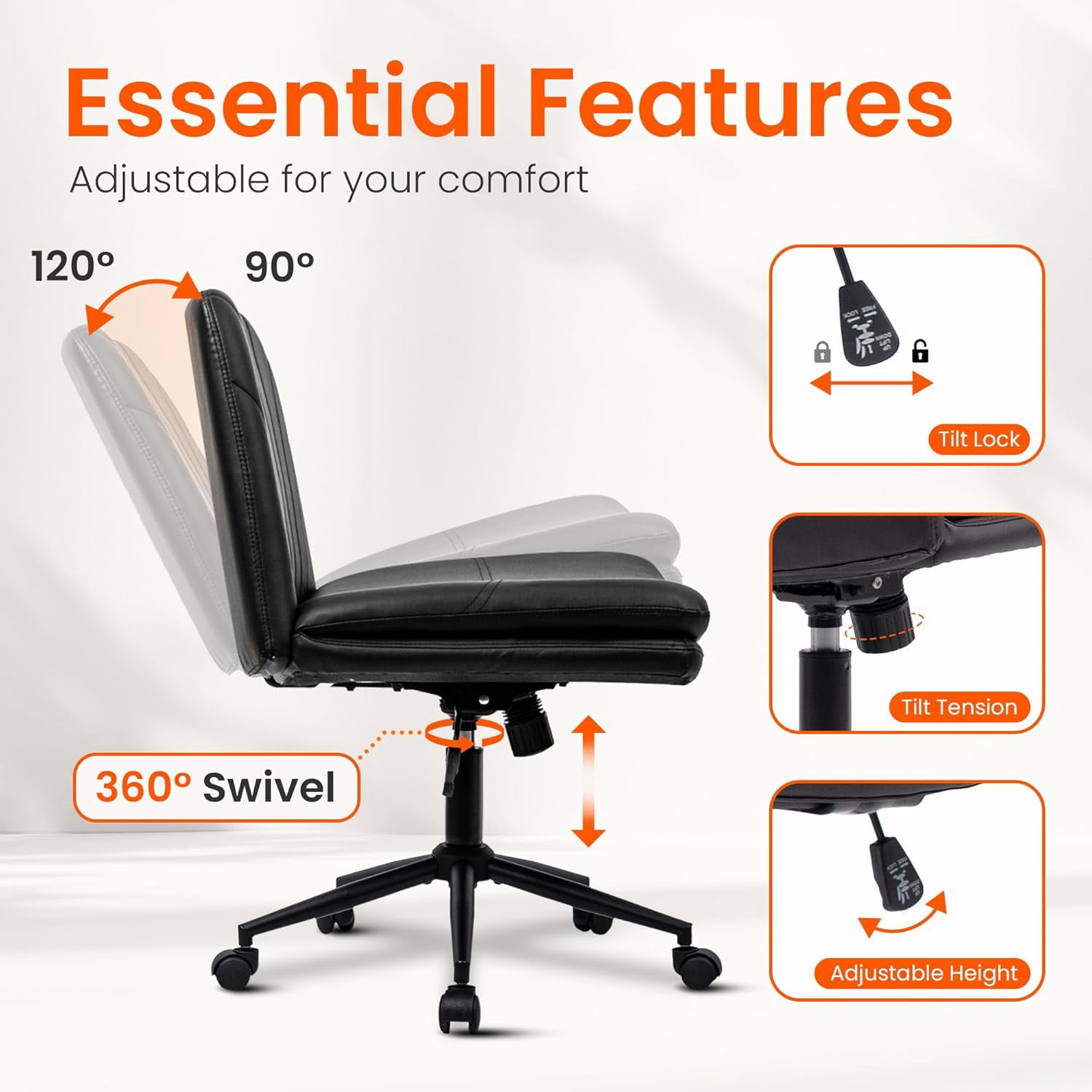 Orange Factory Criss Cross Chair with Wheels Comfy Wide Vanity Desk Chair Dual Base Leather Armless Adjustable Swivel for Home Computer Task (Black Pu, Faux Leather)