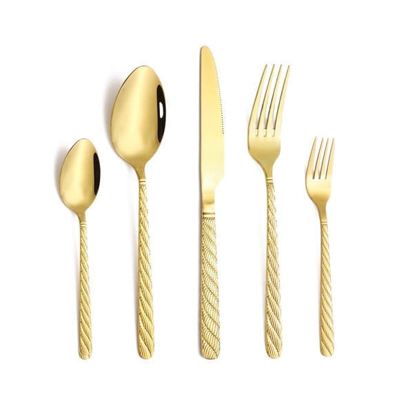 5 PCS Gold Silverware, stainless steel Silverware Heavy Duty, Includes Knives, Forks and Spoons, Cutlery for Wedding, Birthday, Party