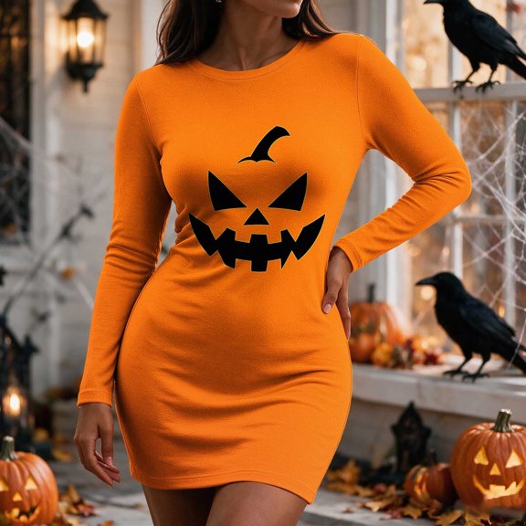 Dolkfu Halloween Dresses for Women Orange Long Sleeve Crew Neck Halloween Pumpkin Fall Winter Mini Dresses Refreshing Geometric Slim ,L