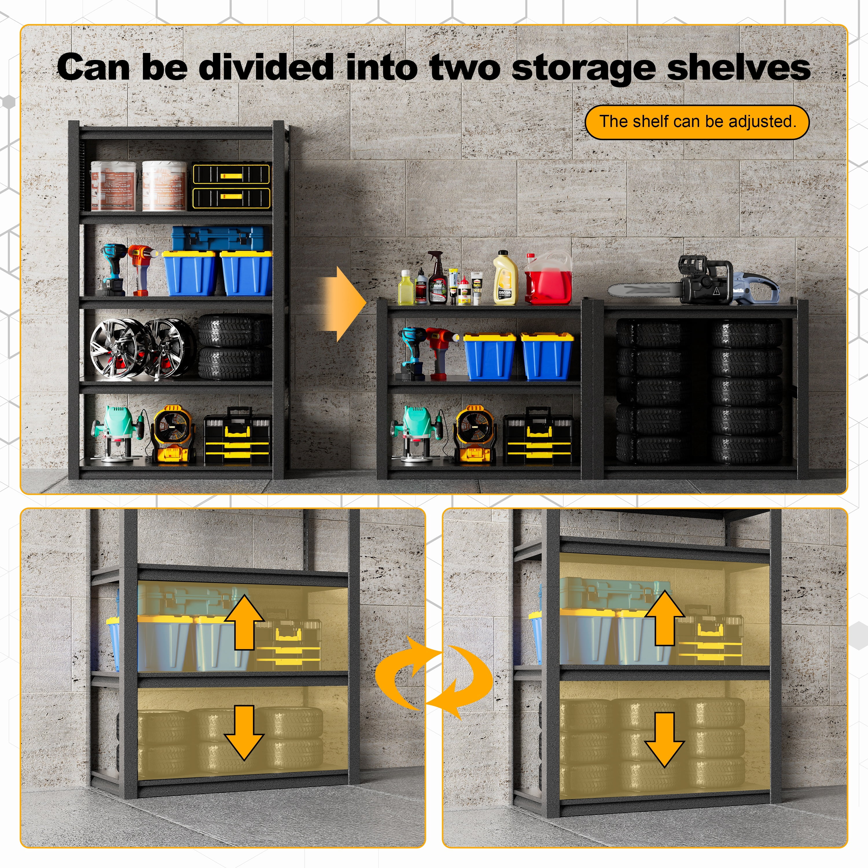 Heavy Duty Garage Shelving Units 72"H48"W24"D, 5-Tier Steel Adjustable Metal Storage Shelves,3000 lbs Industrial Rack for Garage Organization,Basement,Warehouse,Workshop,Utility Shelving for Tools