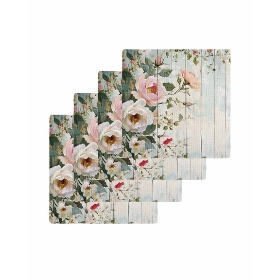 Pink White Floral Kitchen Dish Towels for Drying Dishes Set of 4, Spring Leaves Garden Pastoral Country Waffle Weave Microfiber Terry Hand Tea Bathroom Towels Quick Dry & Absorbent Towel 12x12