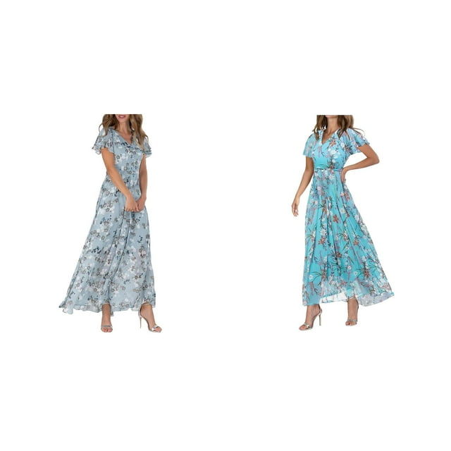 (2-Pack) Rinsvye Womens Beach Maxi Dress Chiffon Floral Sleeveless Ruffle Hem V Neck Summer Vacation Wear