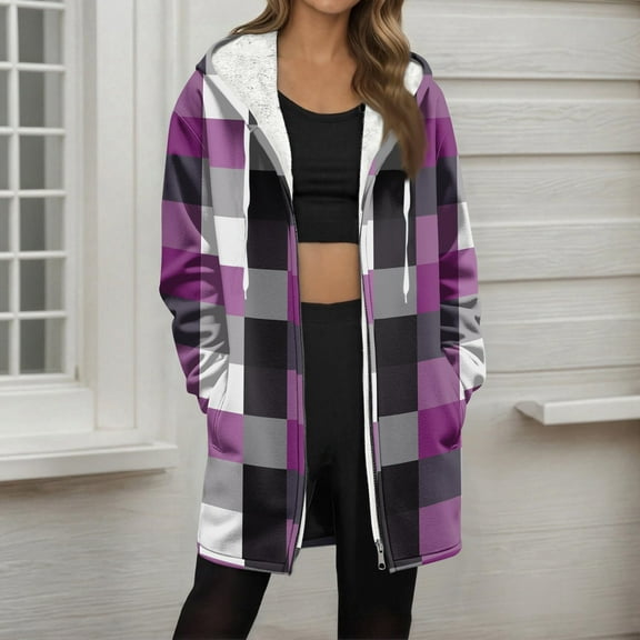 Oversized Plaid Hoodie for Women Zip up Sweatshirts Fall Winter Fashion Outfits Soft Fleece Lined Warm Jacket New Light Weight Jackets Womens Plus Size Purple L
