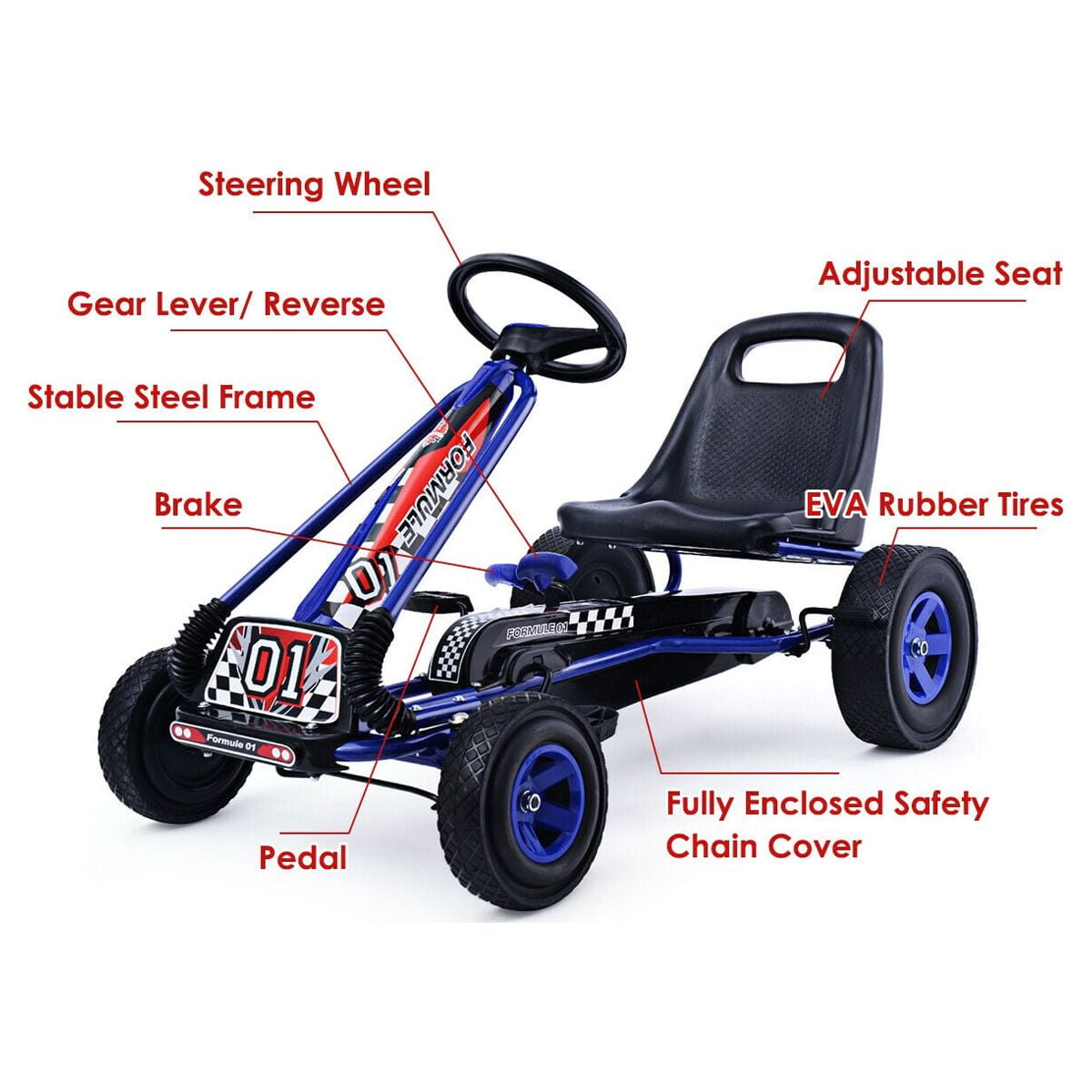 Costway 4-Wheel Kids Pedal Go Kart, Adjustable Seat, Blue