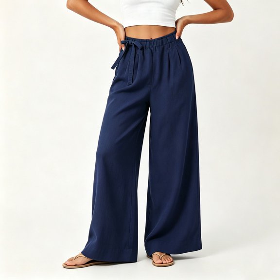 Wide Leg Pants for Women Drawstring Elastic Waist Casual Loose Palazzo Trousers with Pockets Summer Lounge Beach Travel Pants,Sizes M-3XL