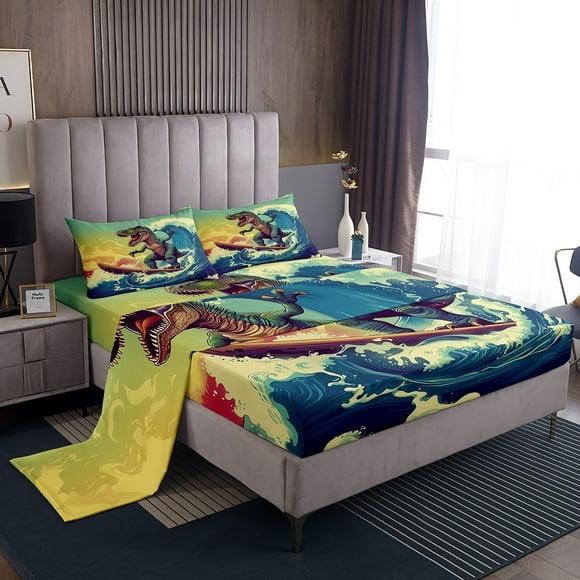 Erosebridal Dinosaur Surfing Bed Sheets Twin For Kids,Japanese Style Bedding Sets Twin Size,Sea Room Decorative,Lightweight,3pcs