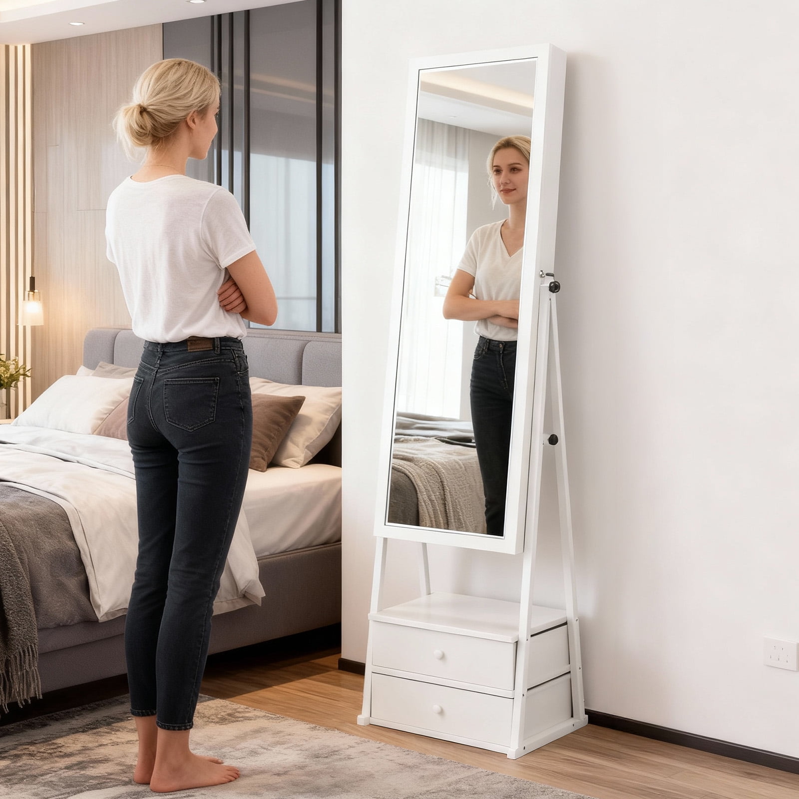 Zimtown Standing Jewelry Cabinet with Full Length Mirror - 2 Spacious Drawers & Makeup Storage Compartments, Freestanding Jewelry Organizer, White