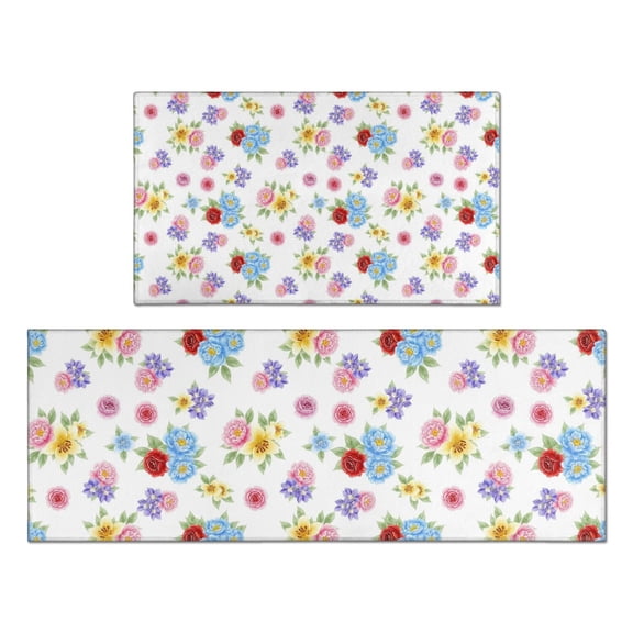 Pioneer Flower Floral Print Pattern Kitchen Rugs Sets Of 2, Anti Fatigue Non Slip Washable Floor Mats for Kitchen Sink Laundry, 17X30 Inch 17X47 Inch