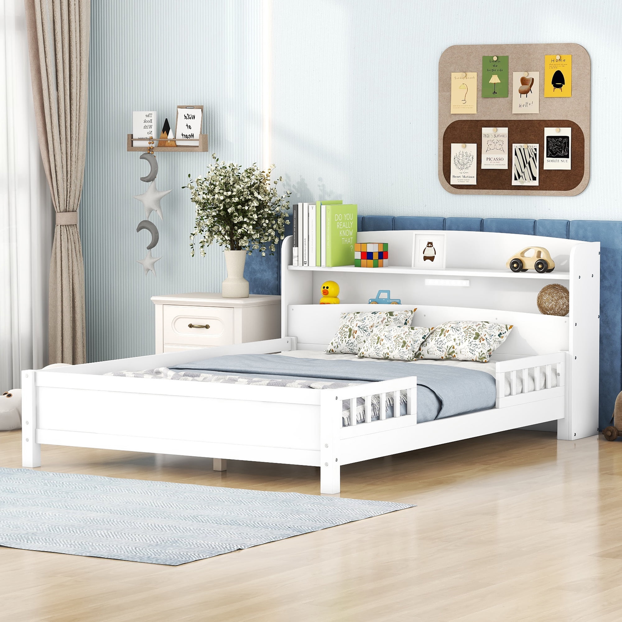 Euroco Wood Full Size Platform Bed with Storage Headboard and LED Light, White
