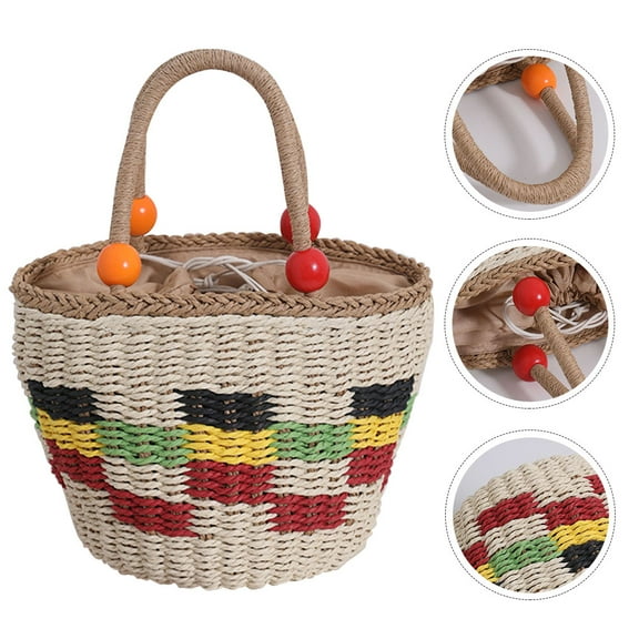 GOOHOCHY Straw Woven Handbag Large Capacity Tote Single Shoulder Bag Portable Storage Bag