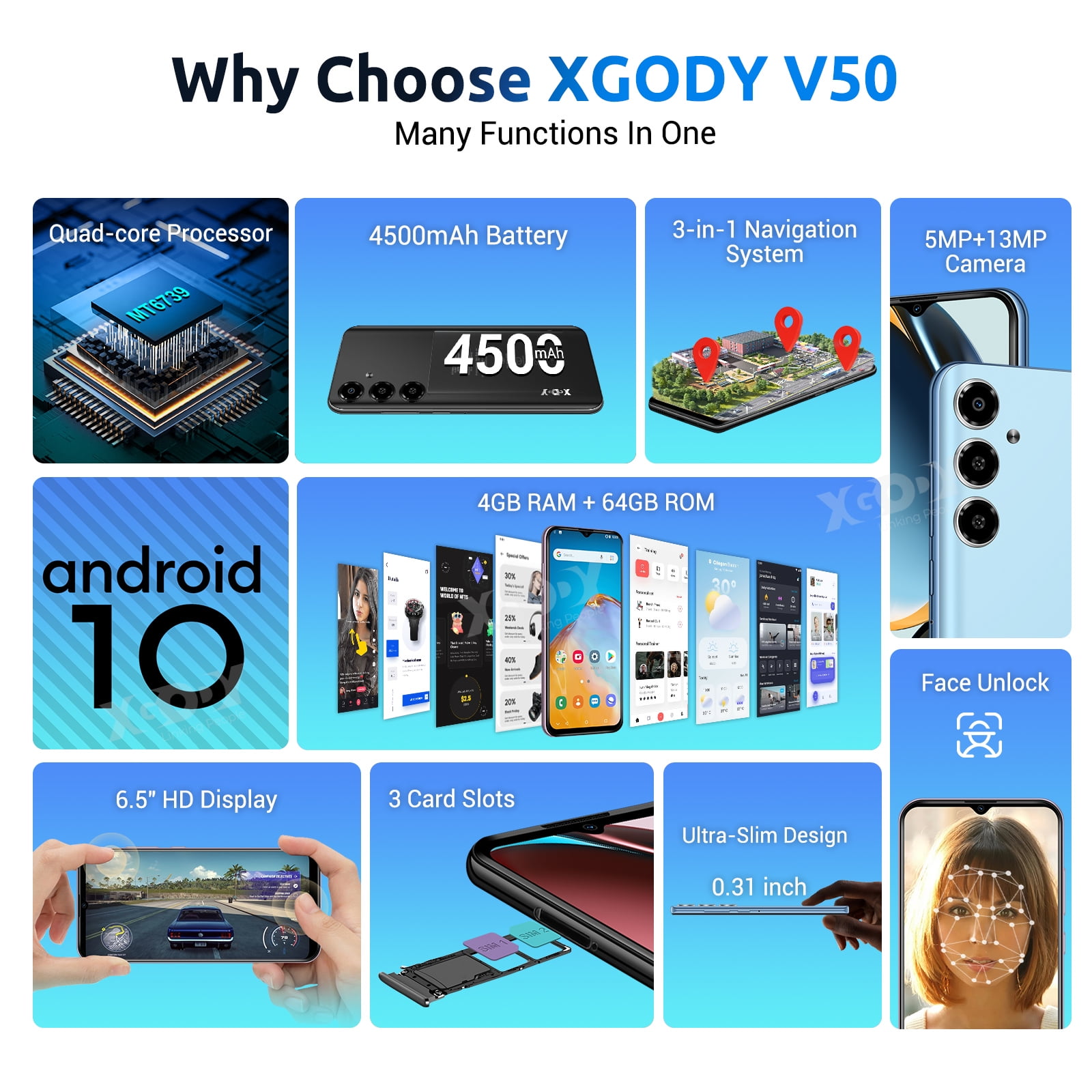 XGODY V50 T-Mobile Unlocked Android Phones, 64GB Smartphones, 6.5" HD Incell Screen Mobile Cellphones, 8-Packing, Black