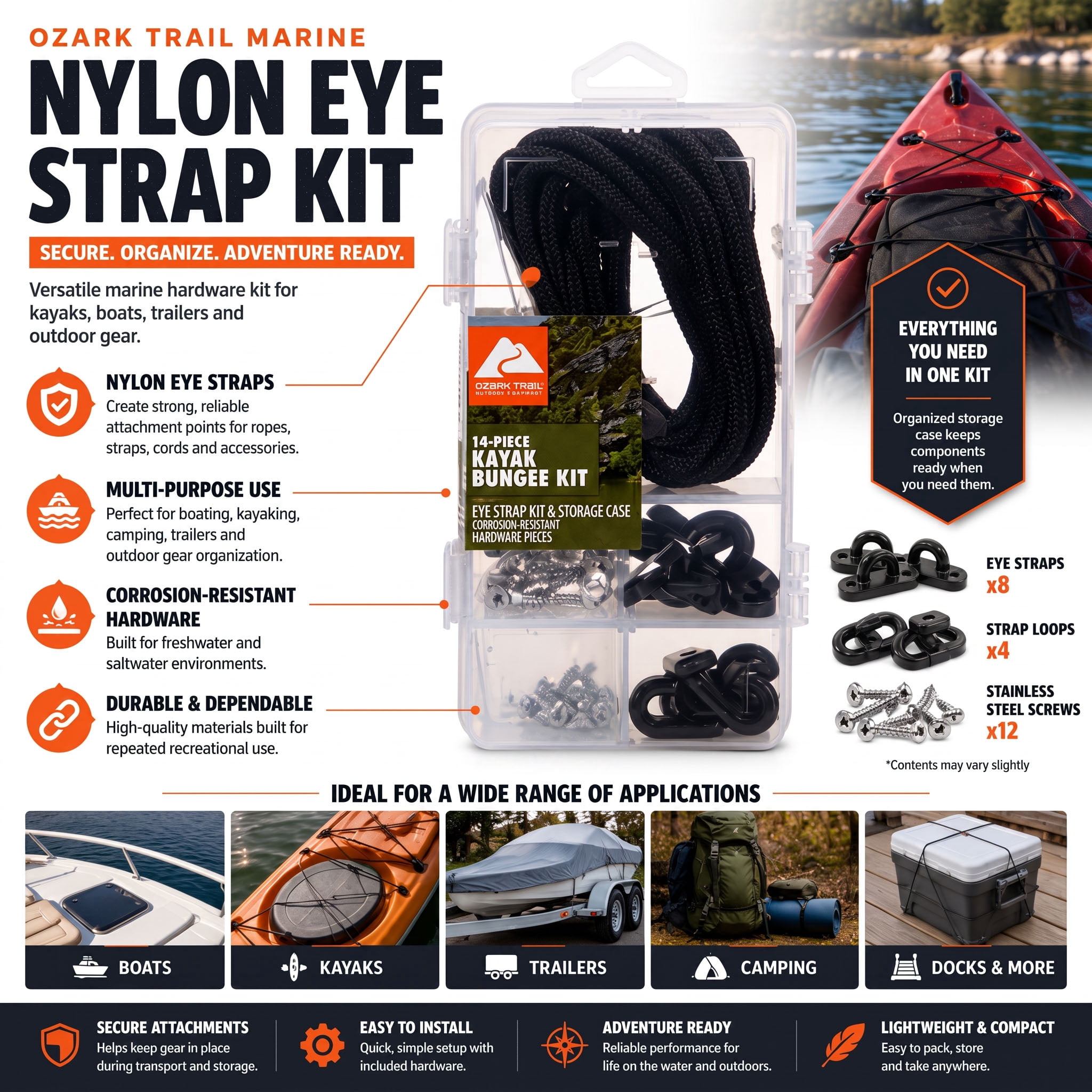(3 pack) Ozark Trail Marine Nylon Eye Strap Kit for Kayaks and Outdoor Gear