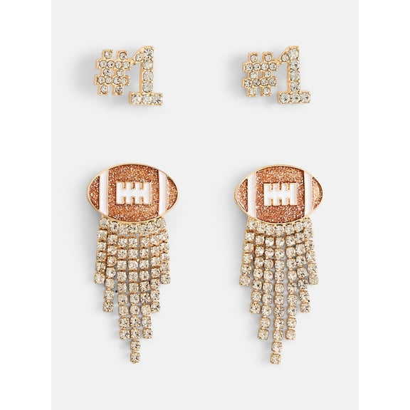 No Boundaries Women's Gold Tone Game Day Football Studs and Fringe Earrings Set, 2 Pairs
