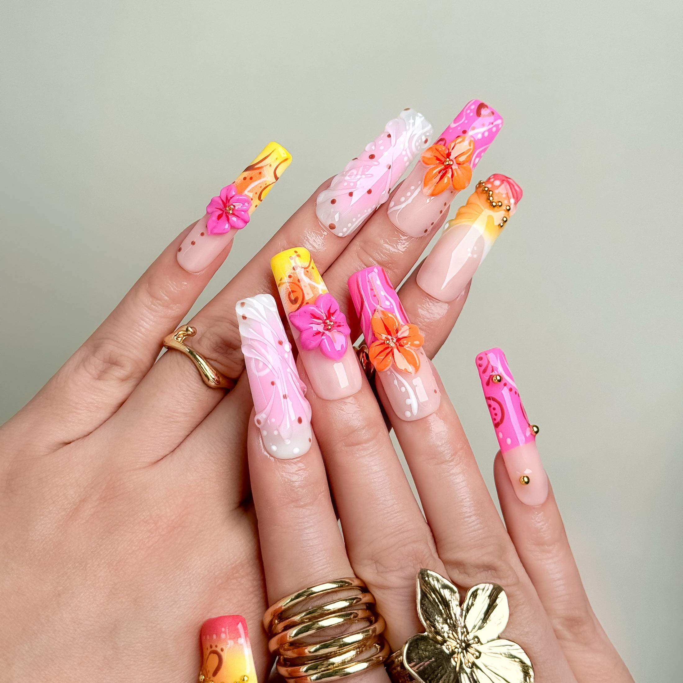 Nail Fairy Tropical Bloom Press-On Nails – Medium Square 3D Hibiscus & Gold Bead Boho Nail Set with Free Tool Kit