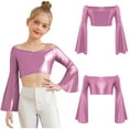 thumbnail image 6 of TTAO Kids Girls Glossy Metallic Bell Sleeve Off Shoulder Jazz Modern Dance Crop Tops Performance Shirt Dancewear Pink 8, 6 of 7