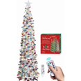 thumbnail image 1 of HMASYO 6 FT Pop Up Christmas Tree with 100 LED Lights & Remote, Sliver Christmas Tinsel Tree, Collapsible Artificial Pencil Tree for Home Office Party Decor, USB Powered Timer Lights, Easy Assembly, 1 of 8