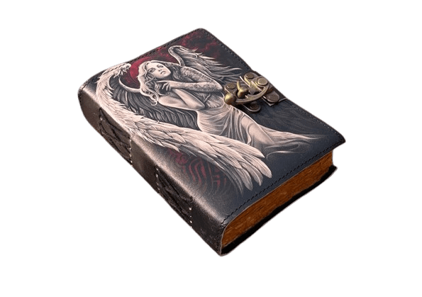 Handmade Leather Journal with Angel Artwork – 5x7 Inch Vintage Deckle Paper Notebook, 200 Pages