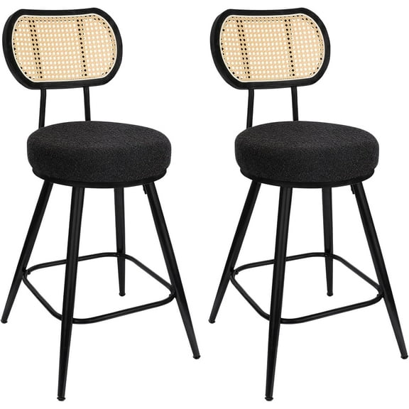 ZYBT Bar Stools Set of 2, Swivel Barstools with Rattan Mental Counter Height Bar Chairs, Upholstered Kitchen Chairs with Backrest & Footrest for Kitchen Island, Black